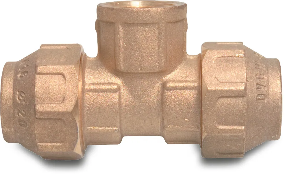 T-stuk 90° messing 32 mm x 1" x 32 mm knel x binnendraad x knel 16bar DVGW S1