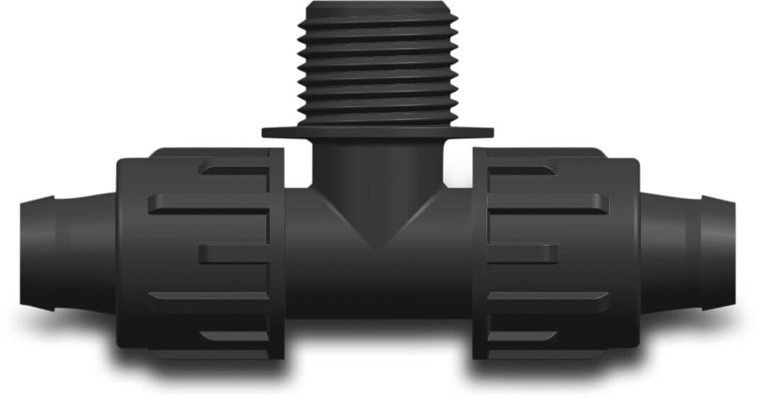 T-piece 90° PP 16 mm x 3/4" x 16 mm lock x male thread x lock 4bar black
