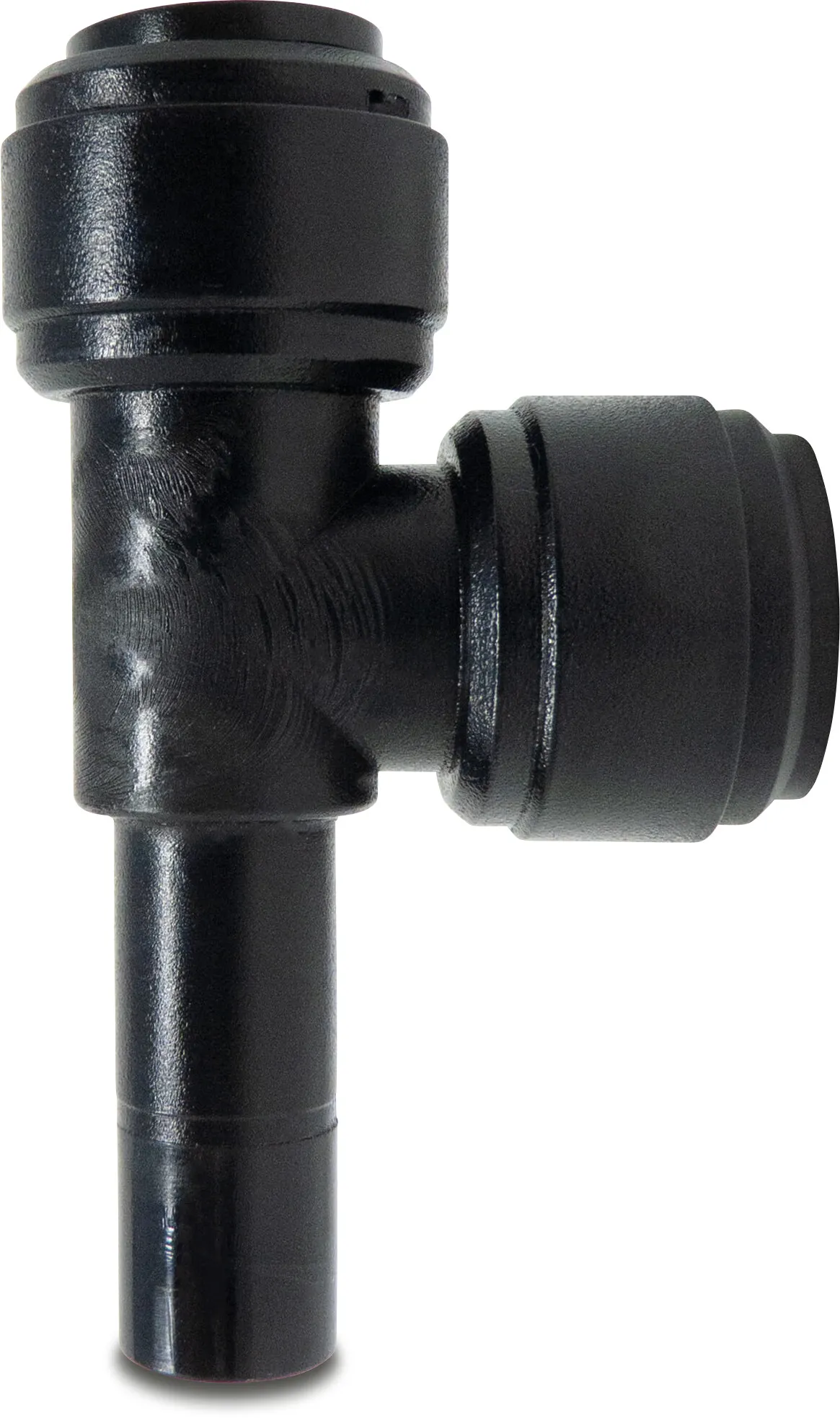 Adaptor T-piece 90° POM 8 mm spigot x push-in x push-in 20bar black WRAS type Aquaspeed