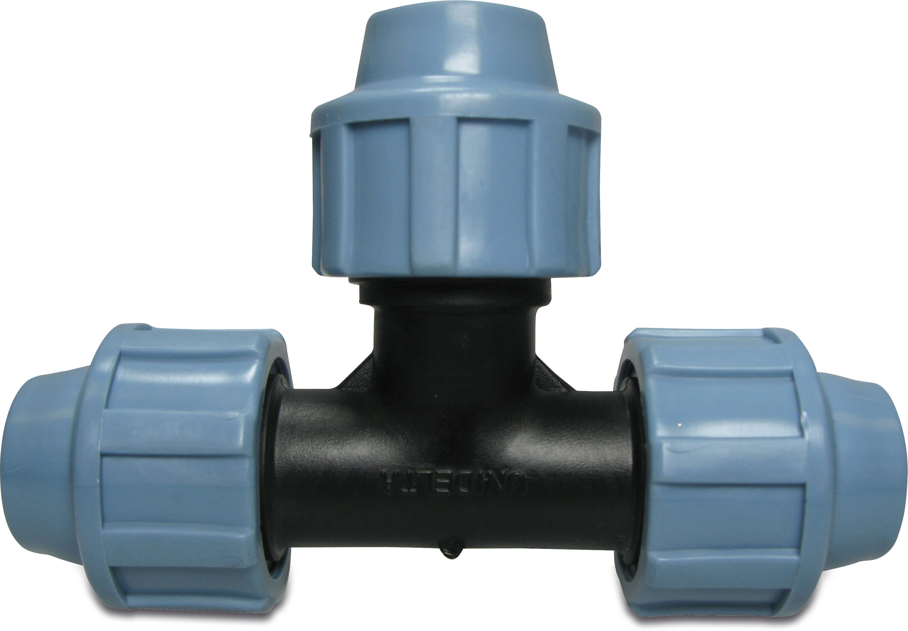Unidelta T-stykke 90° PP 20 mm spænd 16bar sort/blå DVGW/KIWA/WRAS