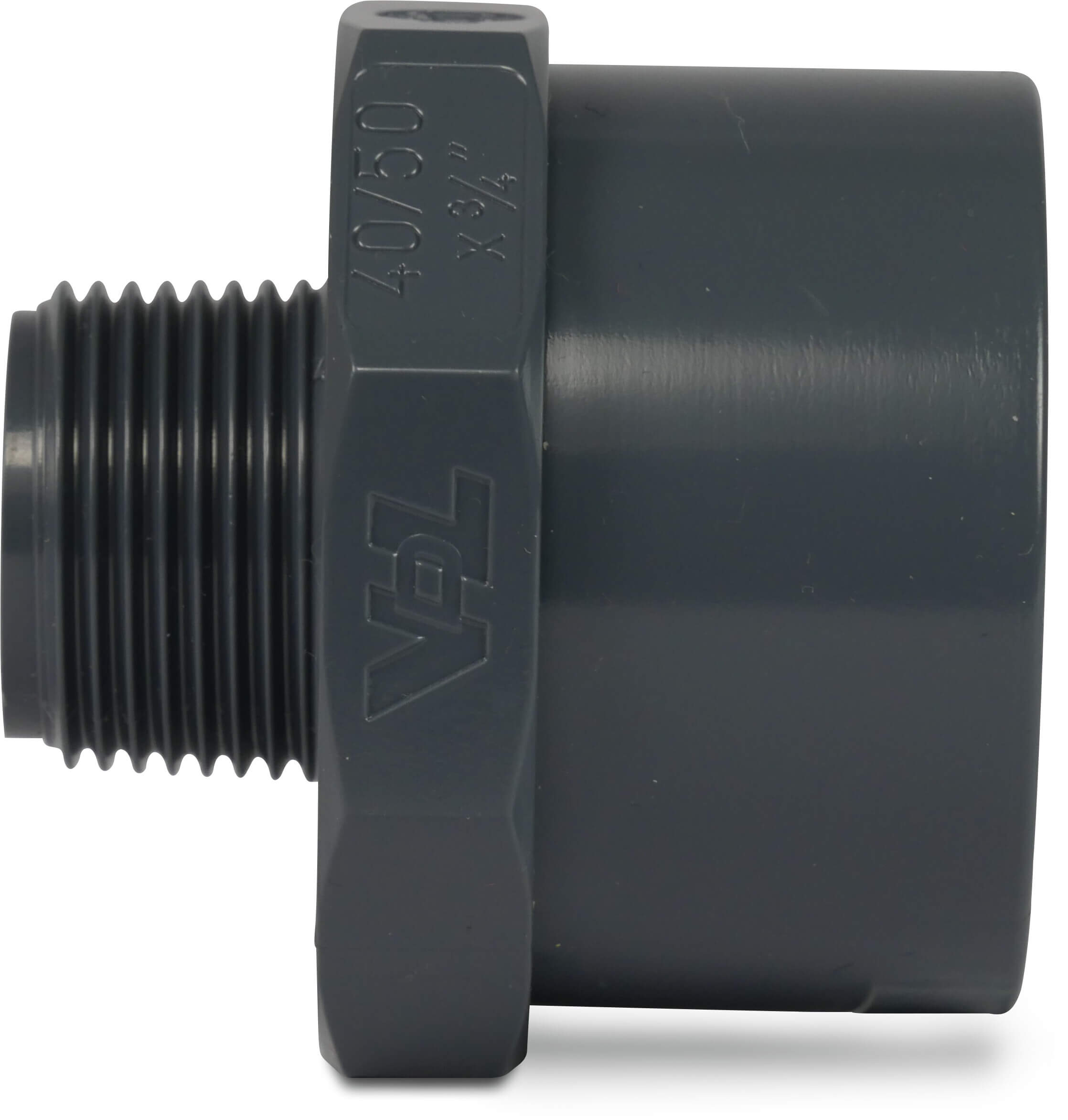 VDL Övergångsnippel PVC-U 50/63 mm x 2" limsockel/limkoppling x utvändig gänga 16bar grå type oktogon