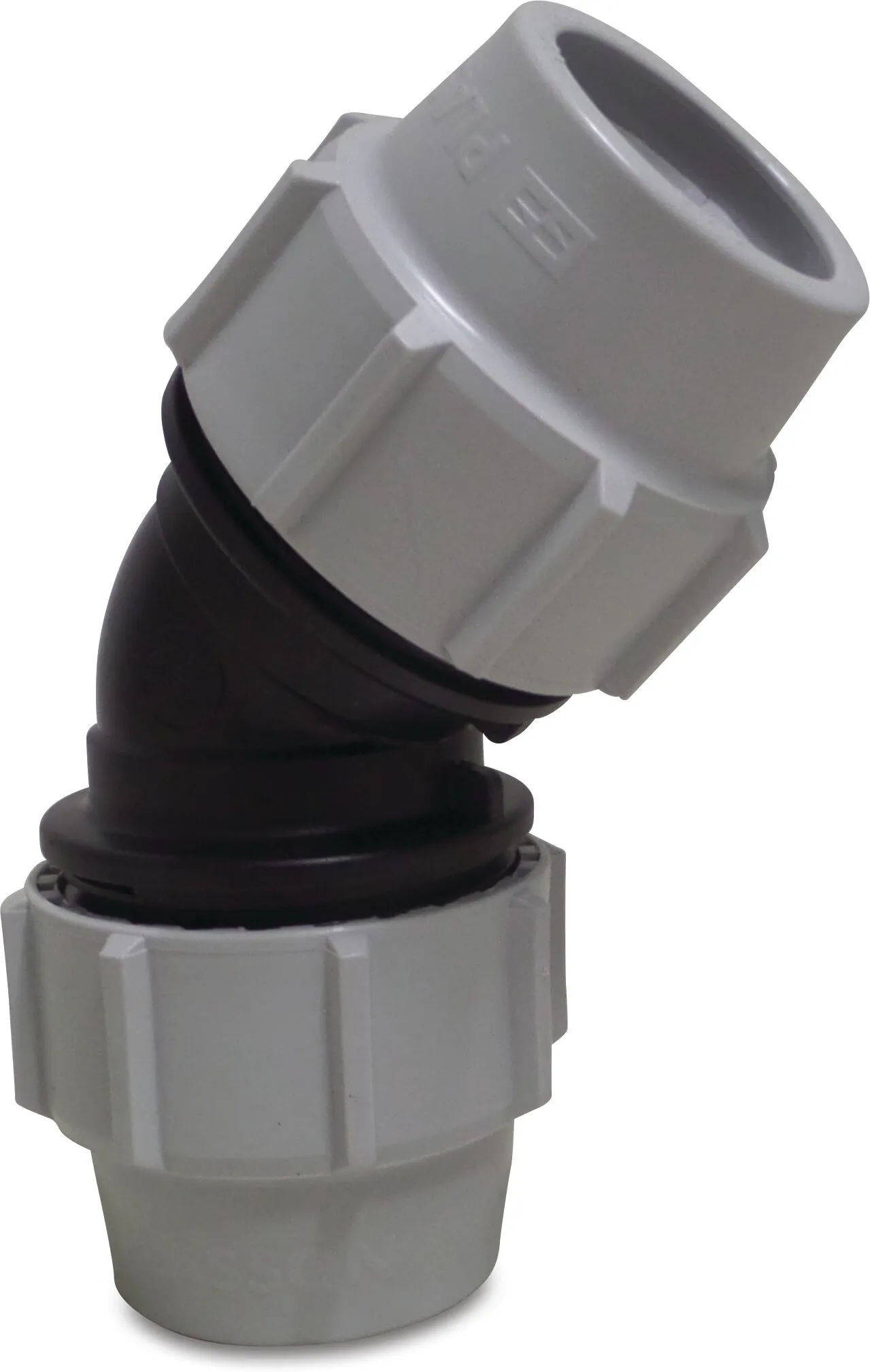 Kolano 45° PP 90 mm zacisk 12.5bar czarno/szary KIWA