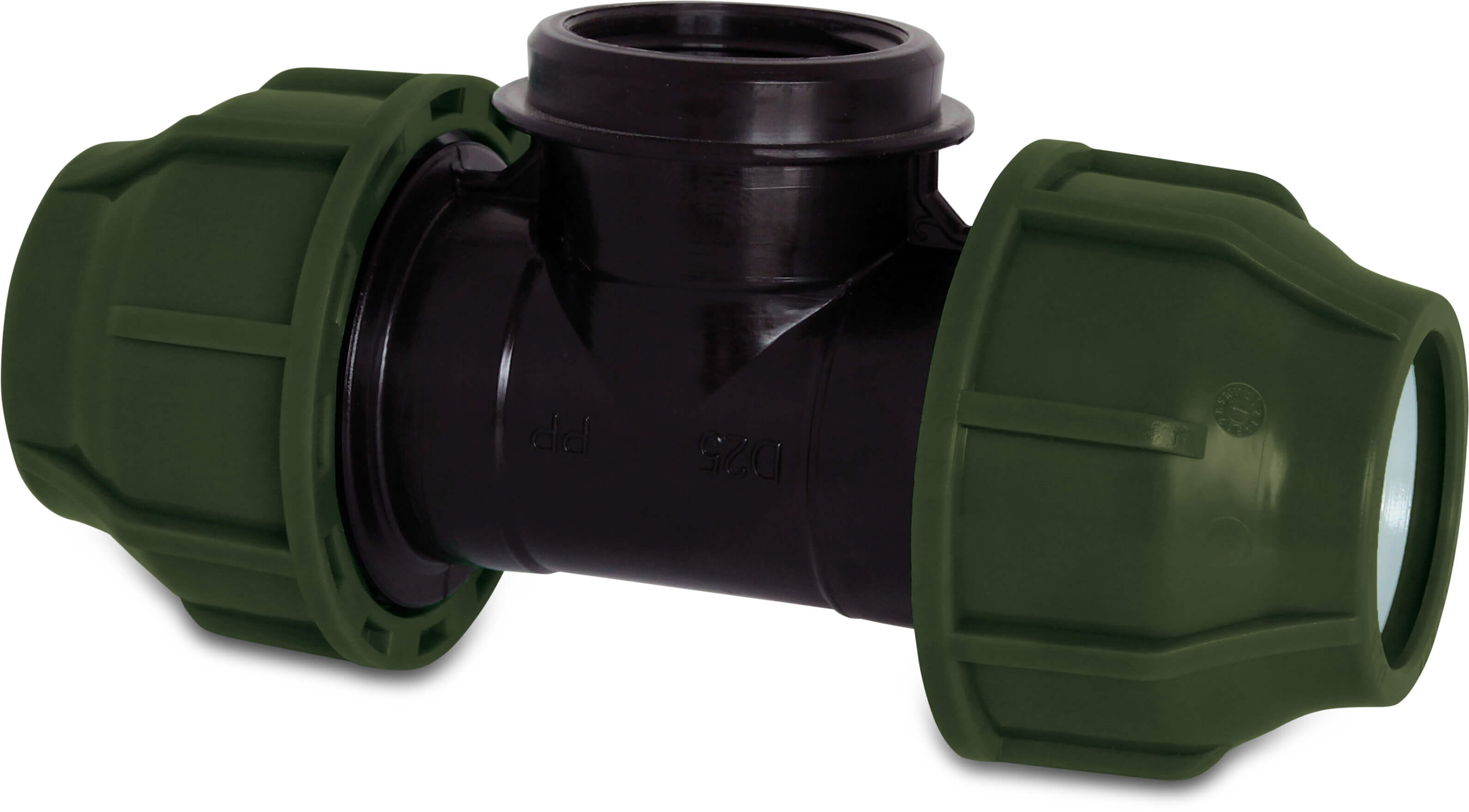 T-piece 90° PP 16 mm x 3/4" x 16 mm compression x female thread x compression 10bar black/green