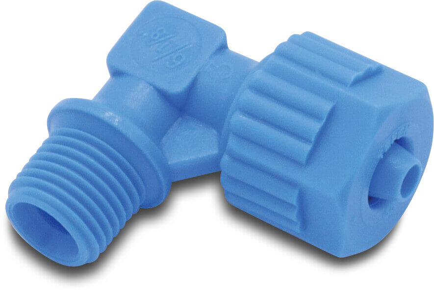 Tefen Union elbow 90° PA glass fibre reinforced 8 mm x 1/8" barbed x male thread 14bar blue