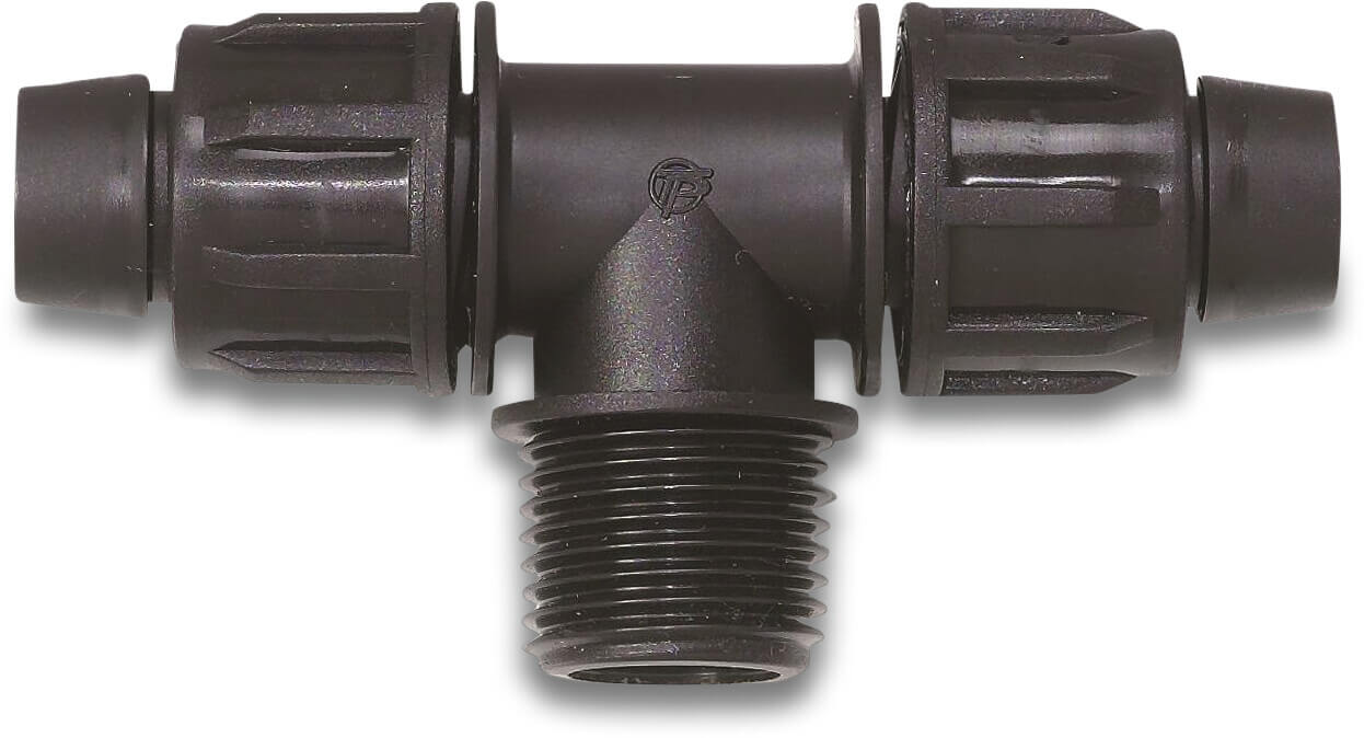 Tavlit T-koppling 90° PP 16/17 mm x 16/17 mm x 1/2" tejp x tejp x utvändig gänga 8bar
