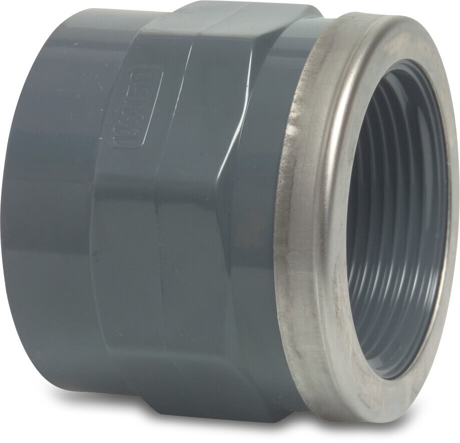 Profec Adaptor socket PVC-U 20 mm x 1/2" glue socket x female thread 16bar grey with stainless steel ring type reinforced