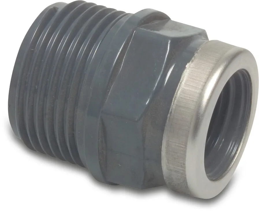 VDL Reduktionsnippel PVC-U 3/8" x 1/2" udvendig gevind x indvendig gevind 10bar grå med rustfri stål ring type forstærket