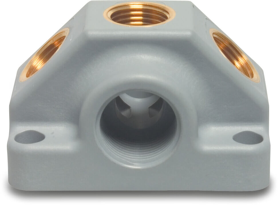Vægplade 3-vejs PVR/messing 3/4" x 1/2" x 1/2" x 1/2" indvendig gevind 12,5bar DN20 grå