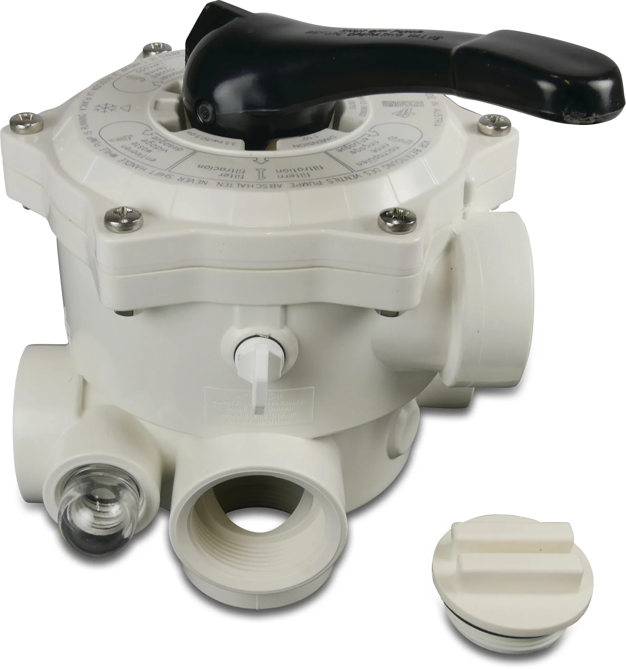 Praher Multiport valve ABS/stainless steel 1 1/2" female thread white type 6-way valve