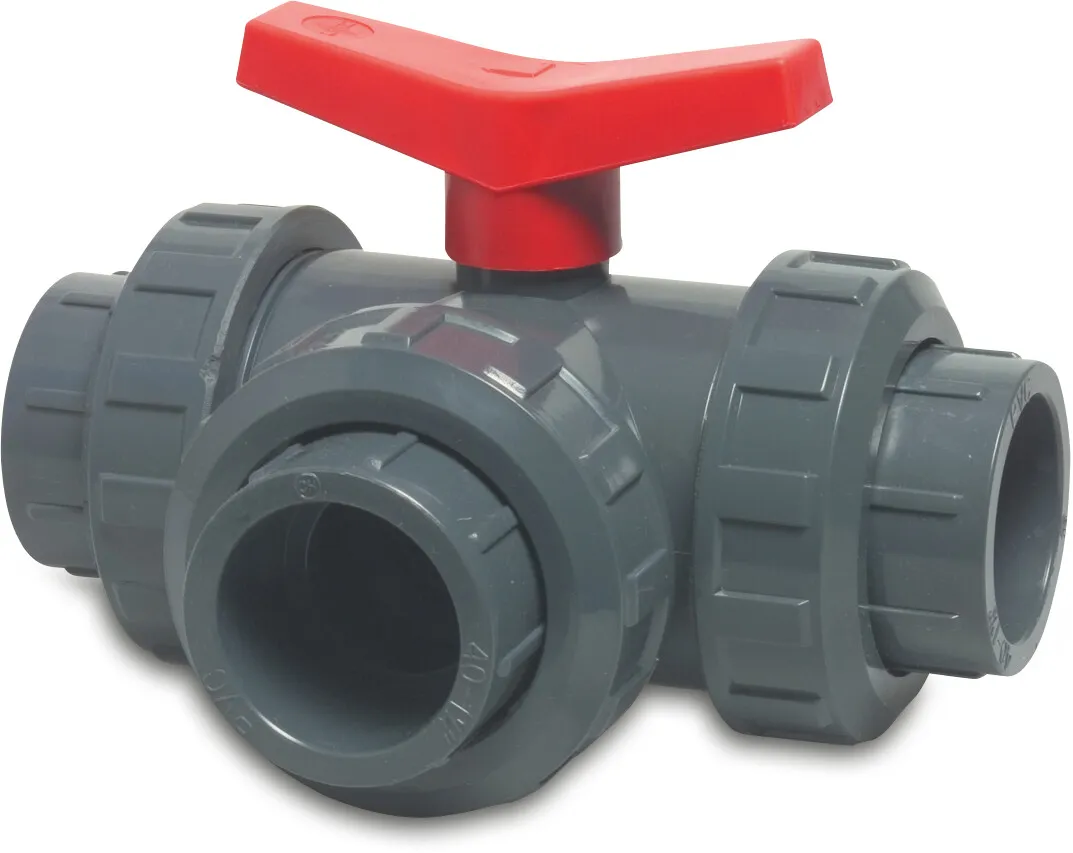 3-way ball valve L-bore PVC-U 50 mm glue socket 10bar DN40 grey type L-bore side connection