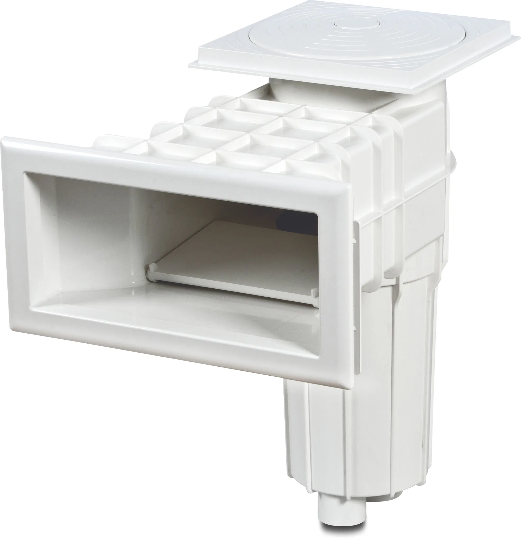 Skimmer breed ABS 50/63 mm lijmmof wit rechthoekig type met messing M6 draad