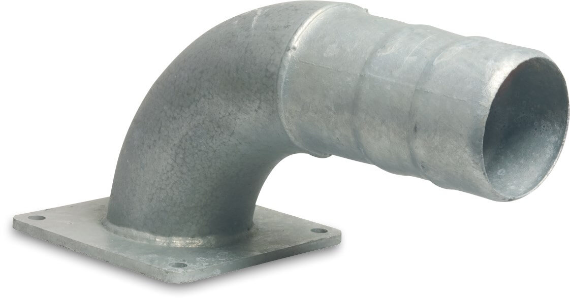 Bend 90° steel galvanised 4" x 102 mm square flange x hose tail