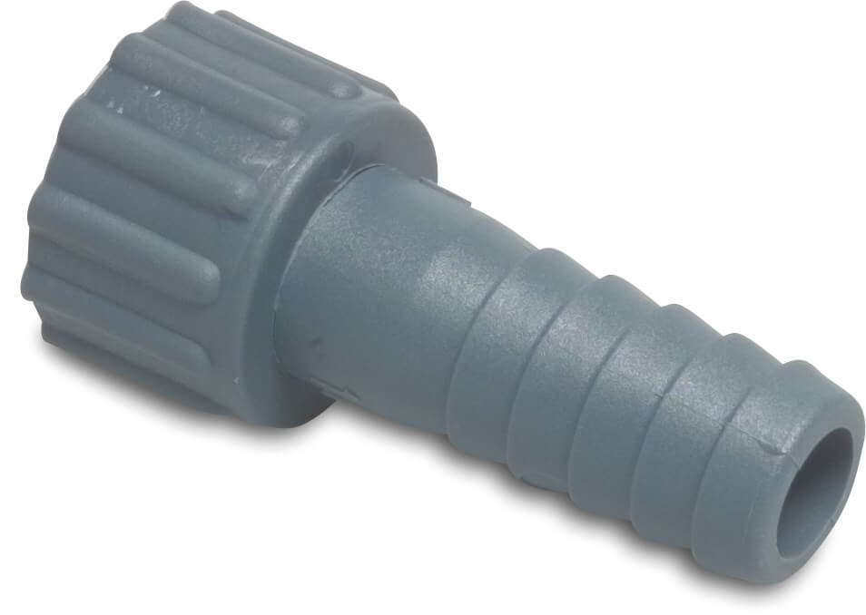 Hose tail 2/3 union adaptor PP 3/8" x 10 mm female threaded nut x hose tail 10bar grey