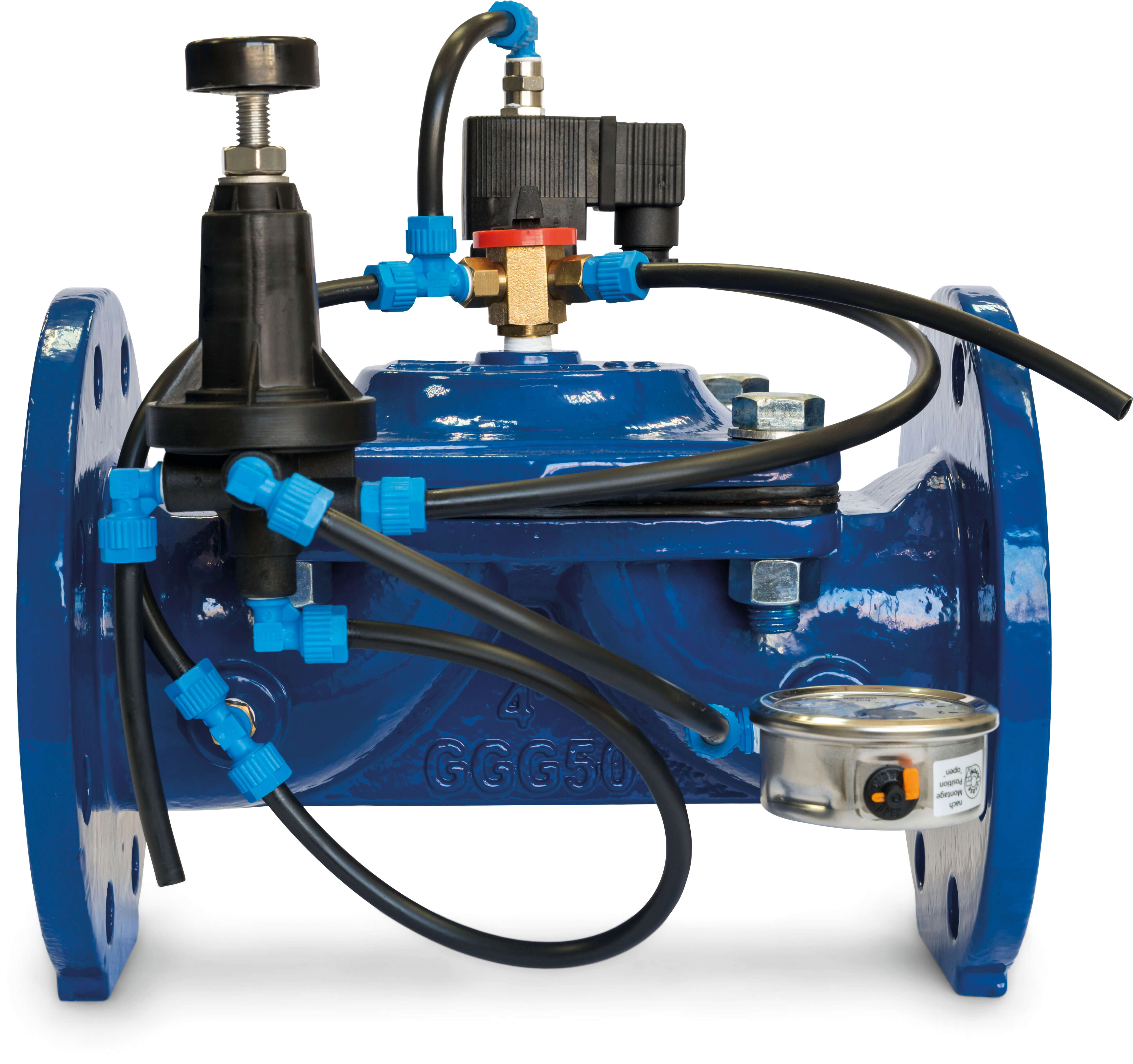 Azud Reducerende elektroventil støbejern GG25 epoxy belægning 3" indvendig gevind 16bar DN80 24VAC blå type NC