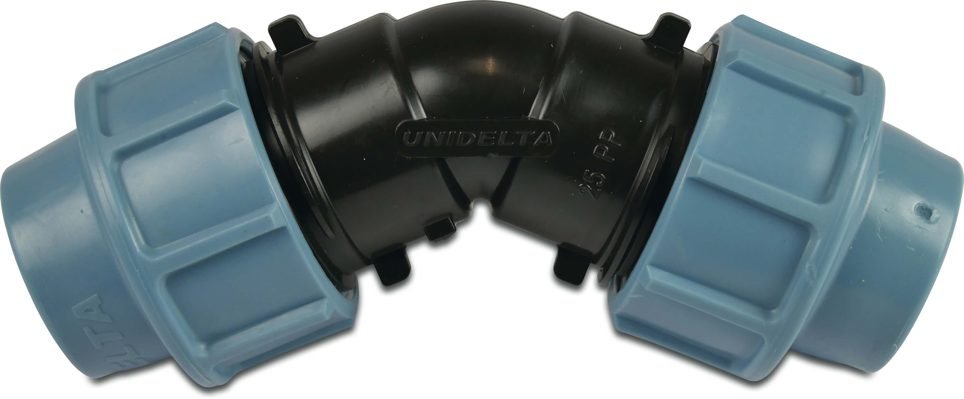 Unidelta Böj 45° PP 20 mm spänn 16bar svart/blå DVGW/KIWA/WRAS