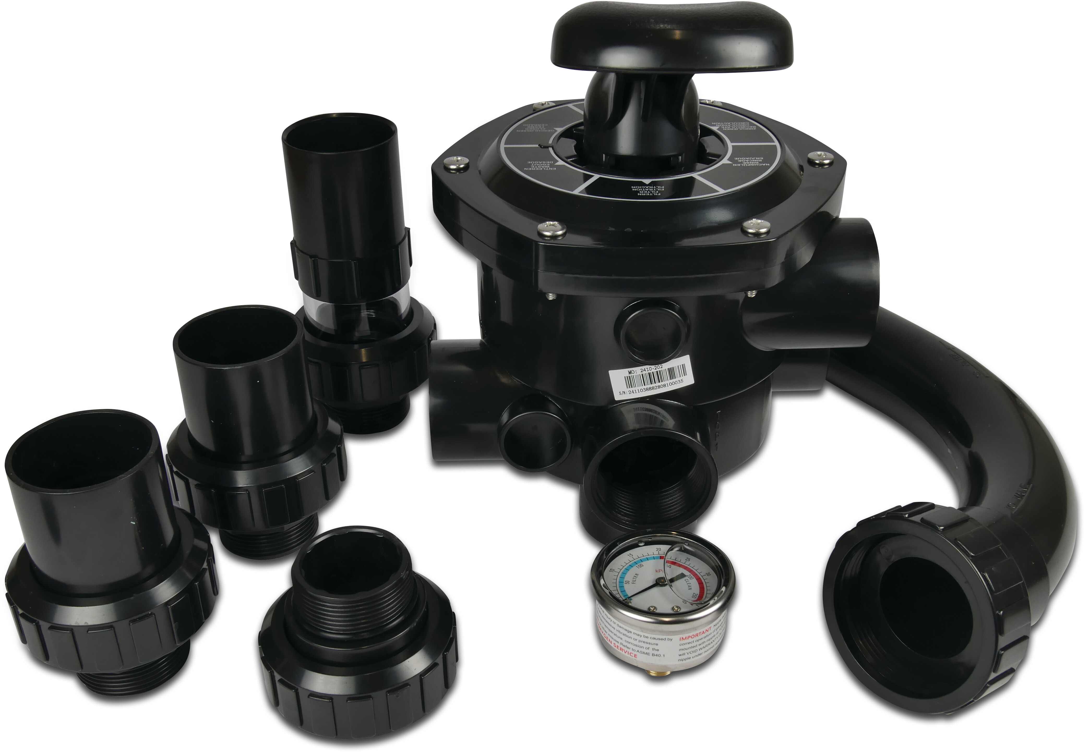 Flotide Mehrwegeventile 1 1/2" 4bar Schwarz für seitliche Montage Filter 6-Wege Typ Flotide 6-Wegeventil, komplett verrohrt