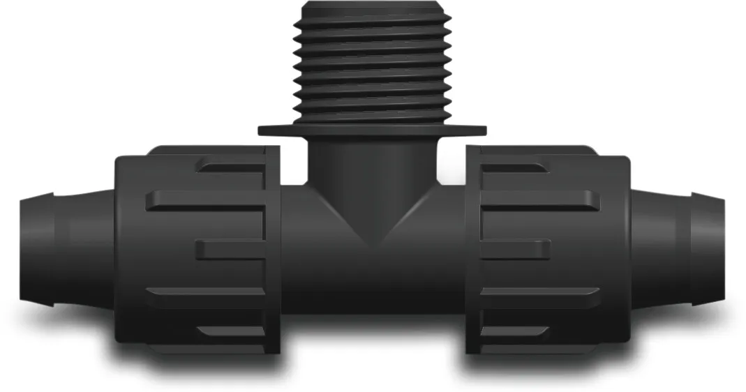 T-piece 90° PP 16 mm x 1/2" x 16 mm lock x male thread x lock 4bar black