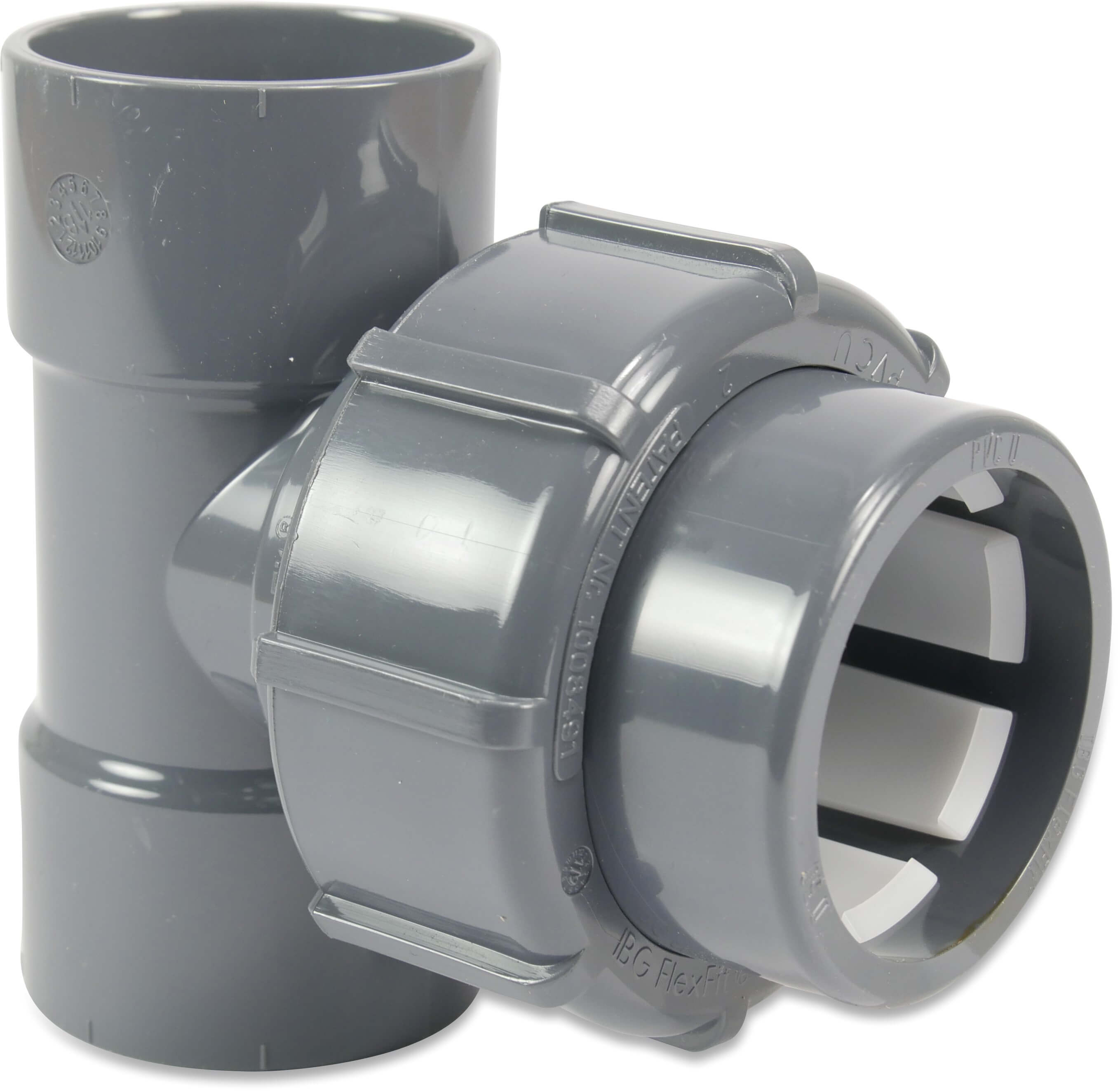 Adaptor T-piece 90° PVC-U 50 mm glue socket x compression x glue socket 4bar grey