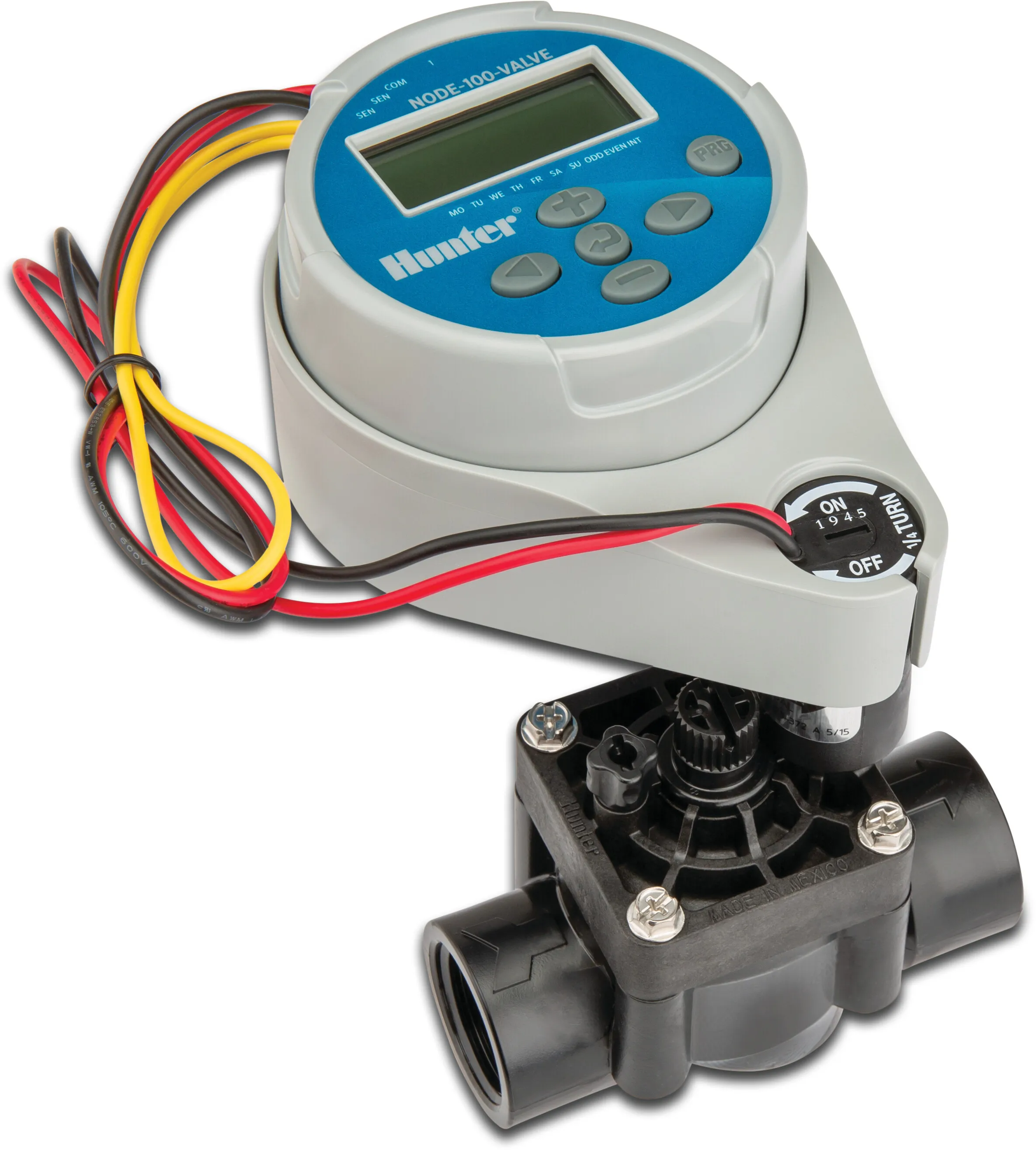 Hunter Regenautomaat 9VDC blauw installed on PGV-101-G BSP valve, with solenoid type NODE 100 1 Station