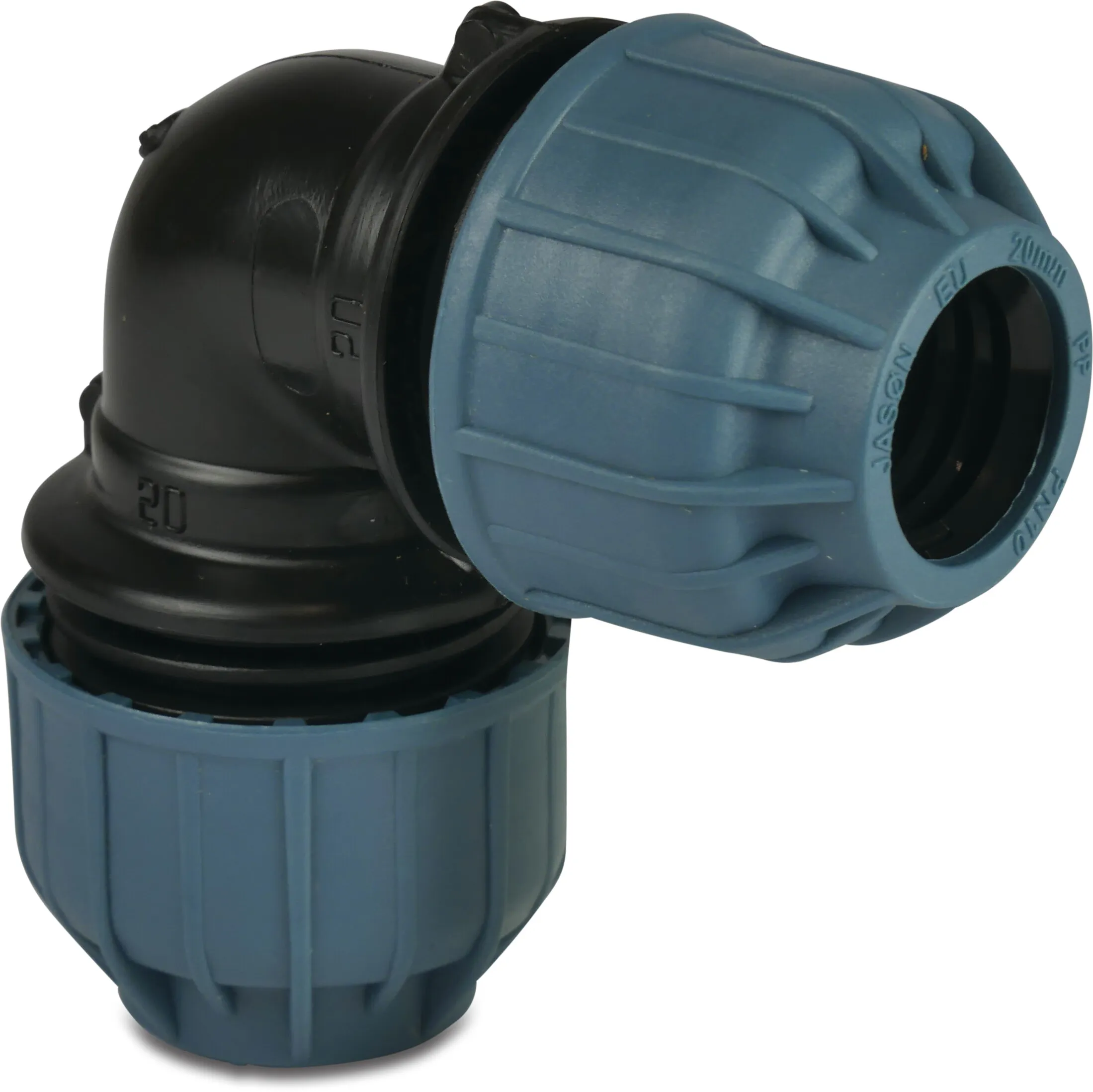 Jason Knie 90° PP 32 mm knel 10bar zwart/blauw