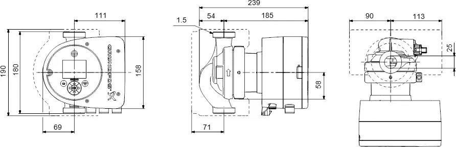 Grundfos MAGNA3 25-80N (180) Umwälzpumpe mit variabler Drehzahl Edelstahl 1.5" Außengewinde 10bar 1.02A 230VAC Schwarz/Rot WRAS