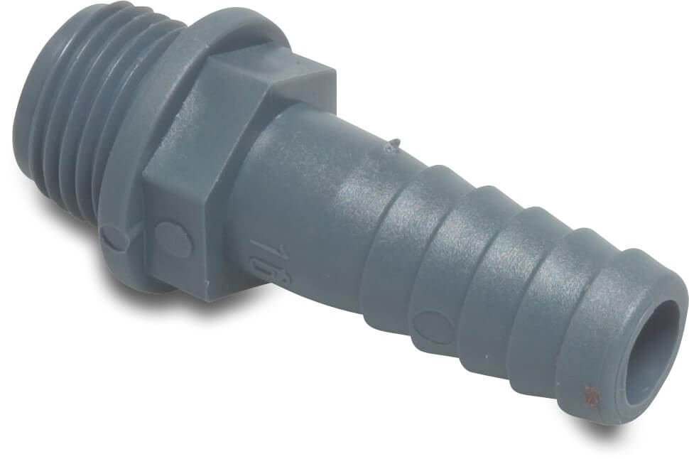 Hose tail adaptor PP 1/4" x 12 mm male thread x hose tail 10bar grey