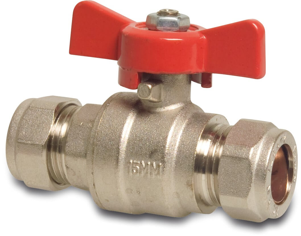 Ball valve brass nickel plated 15 mm compression 10bar