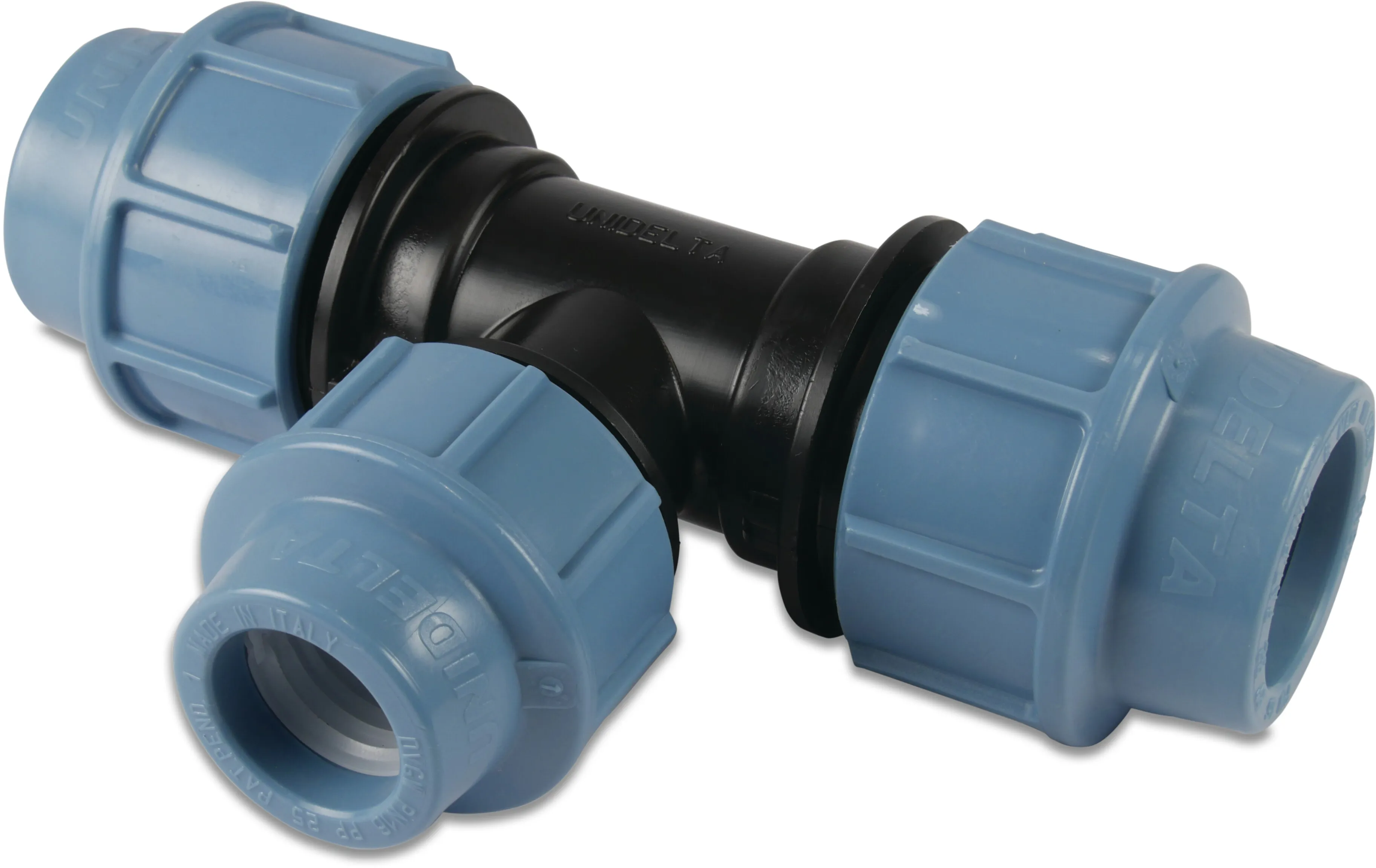 Unidelta Reduzier T-Stück 90° PP 25 mm x 20 mm x 25 mm Klemm 16bar Schwarz/Blau DVGW/KIWA/WRAS/SVGW