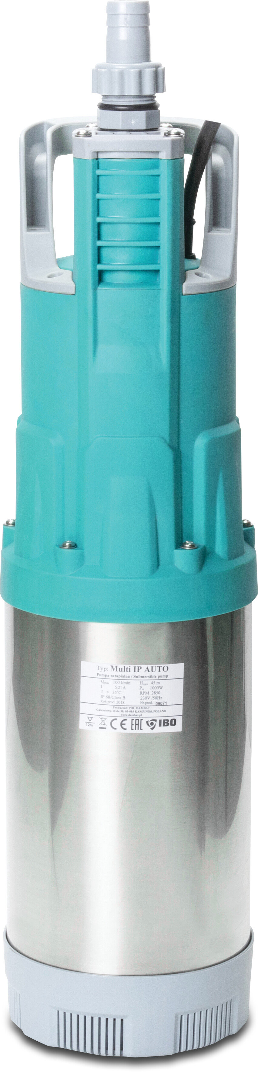 Hochdruck-Tauchpumpe Edelstahl 304 1" x 1 1/2" x 3/4" Schlauchtülle x Außengewinde x Schlauchtülle 5,2A 230VAC Blau AUTO Typ Multi IP Multi stage