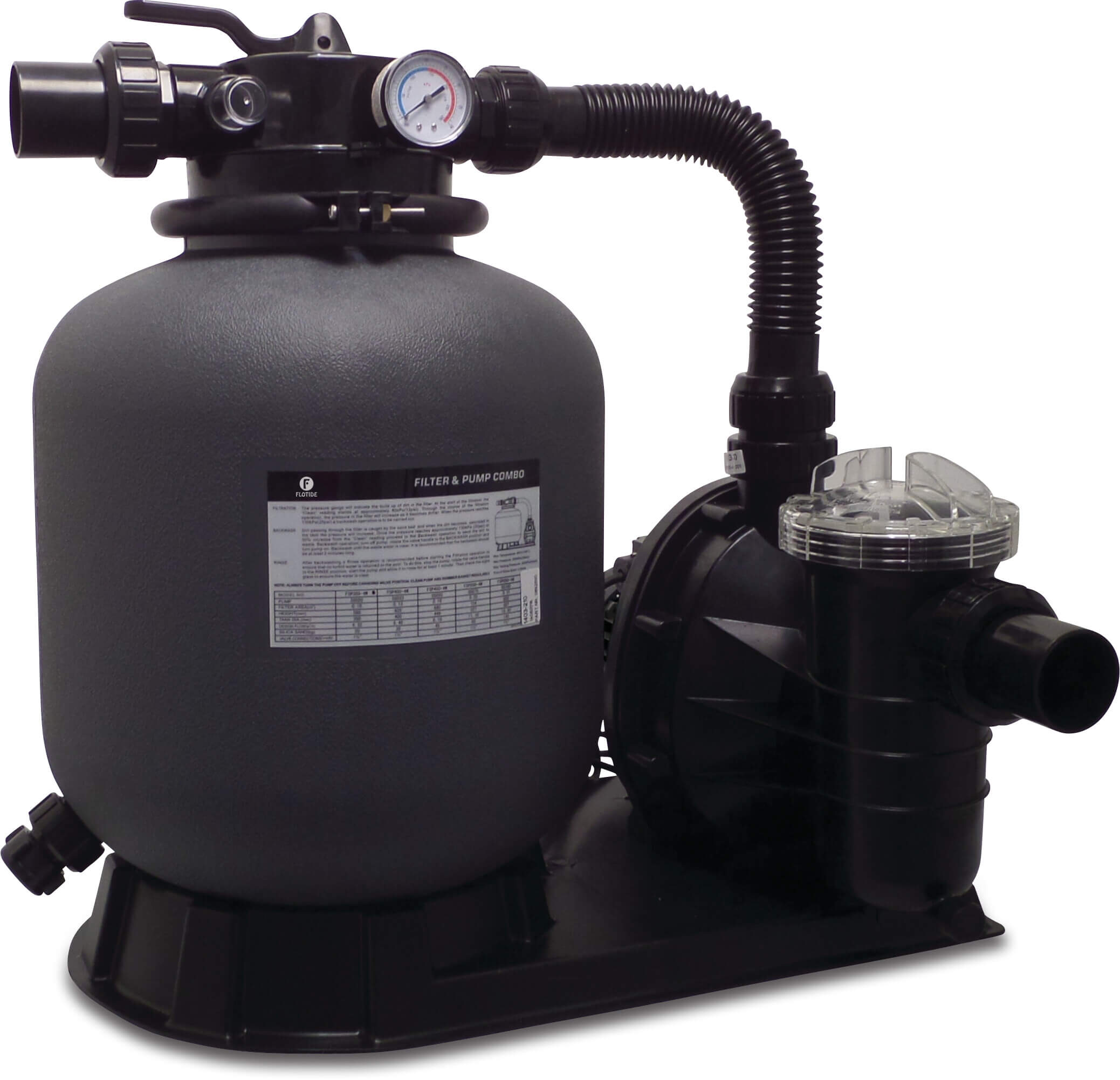 Flotide Pool filtersæt PE 50 mm / 1 1/2" metrisk/imperial limmuffe 2bar 230VAC grå type FSP450-4W med RCD prop