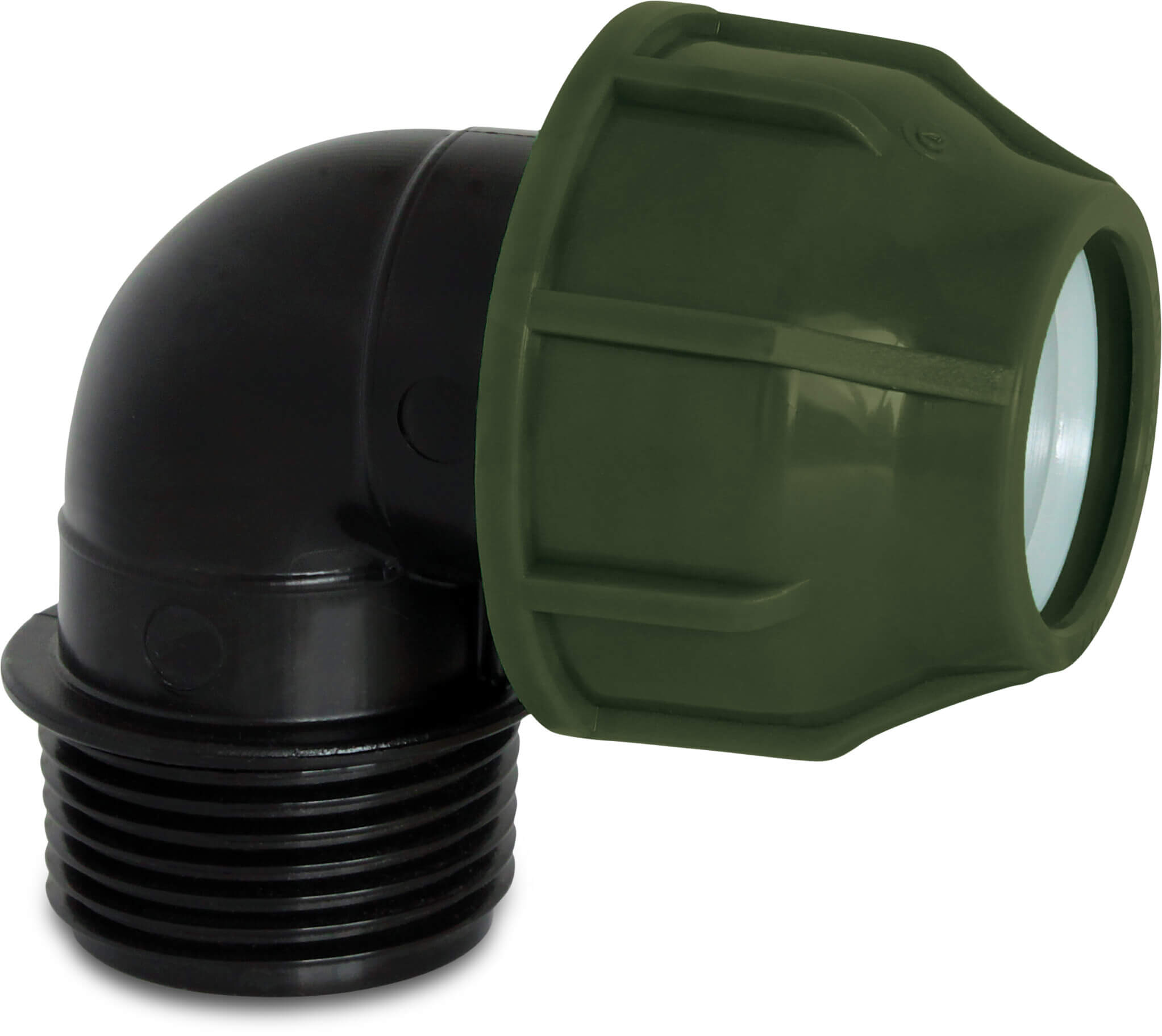Coude à 90° PP 50 mm x 2" à serrer x filetage mâle 10bar noir/vert