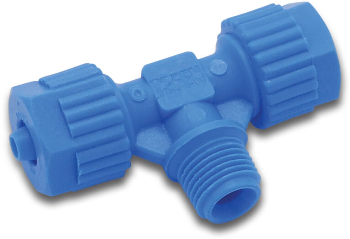 Tefen T-piece 90° PA glass fibre reinforced 8 mm x 1/4" x 8 mm barbed x male thread x barbed 14bar blue