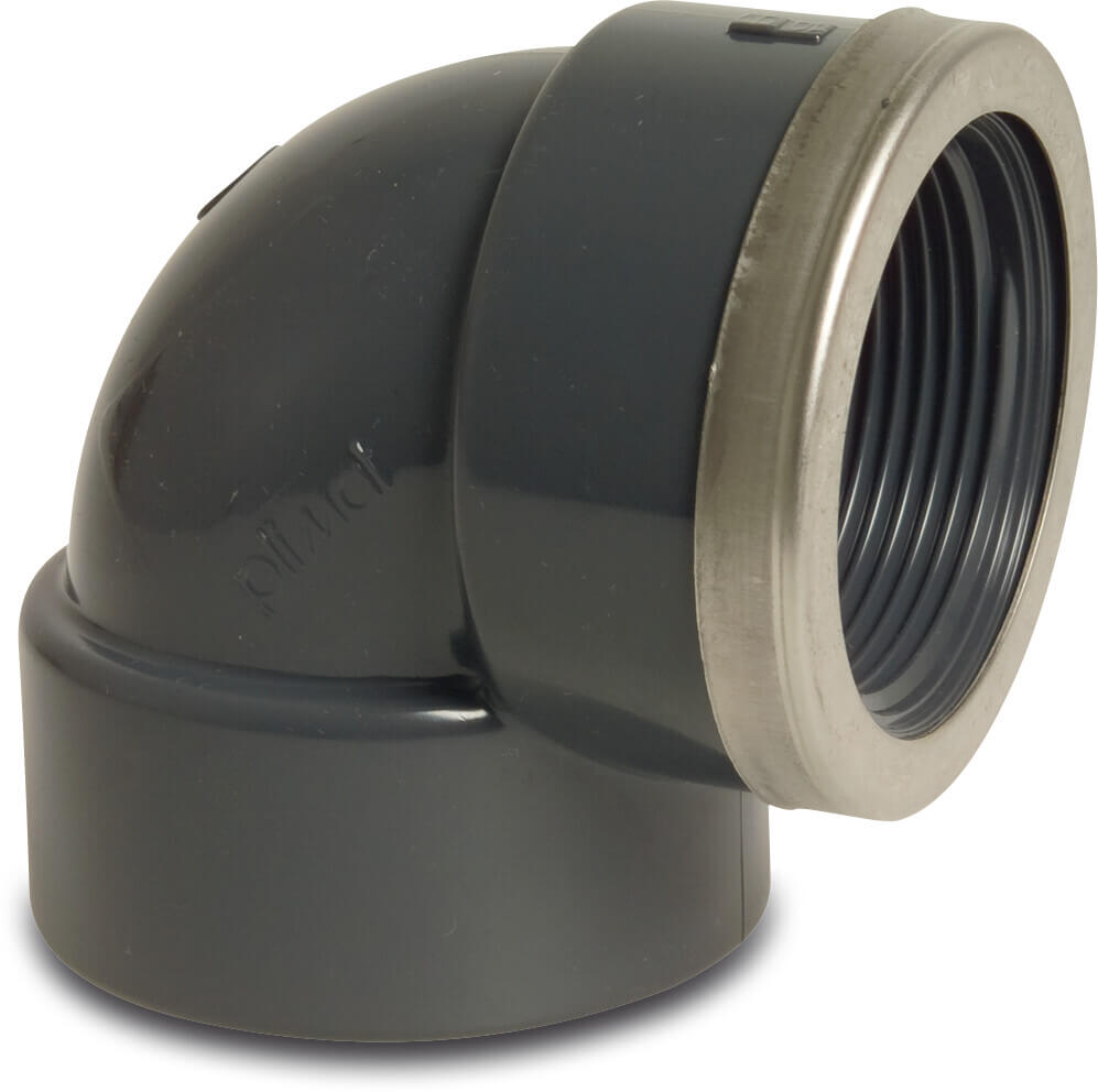 Profec Vinkel 90° adapter PVC-U 20 mm x 1/2" limmuffe x indvendig gevind 16bar grå med rustfri stål ring type forstærket