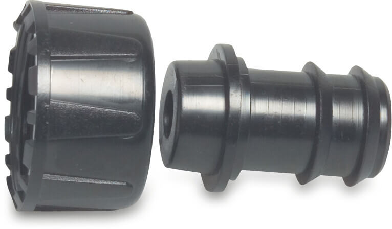 Barbed 2/3 union adaptor PP 4bar female thread x barbed black