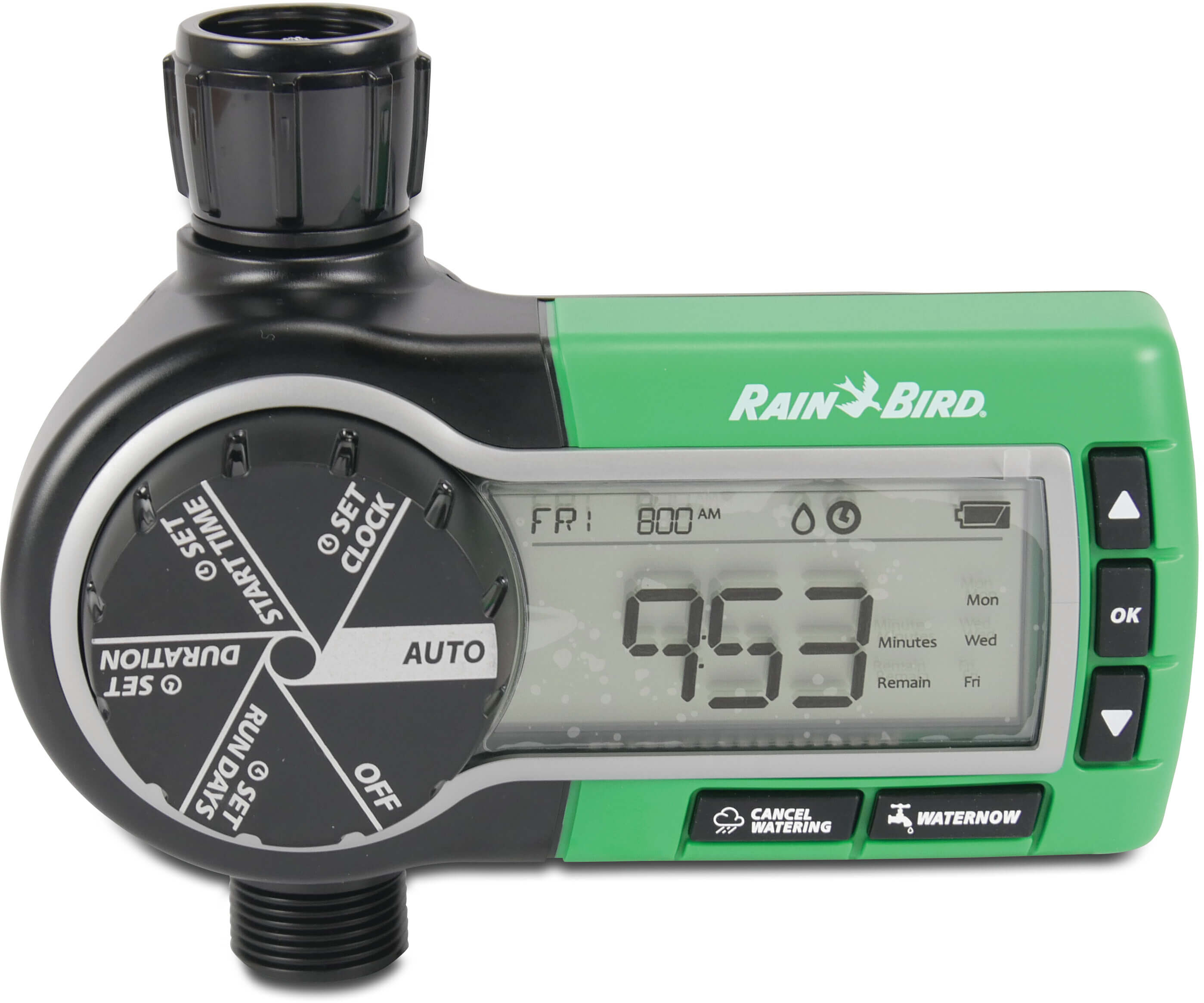 Rain Bird Wasserzeitschaltuhr Kunststoff 3/4" Überwurfmutter IG x Außengewinde Schwarz/Grün Typ 1ZEHTMR 1 Stationen