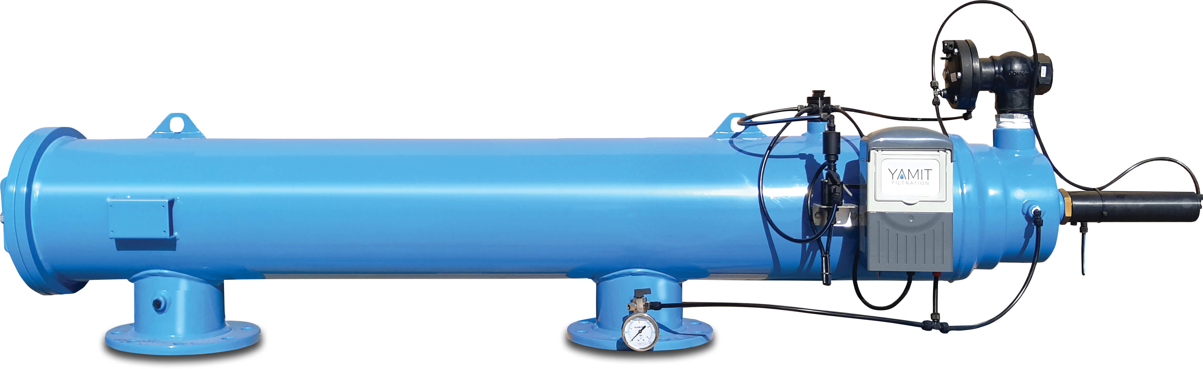 Yamit Automatic filter carbon steel ST37.2 epoxy coating DN150 flange 10bar 120micron stainless steel gauze 24VAC blue PN10 type AF806NX