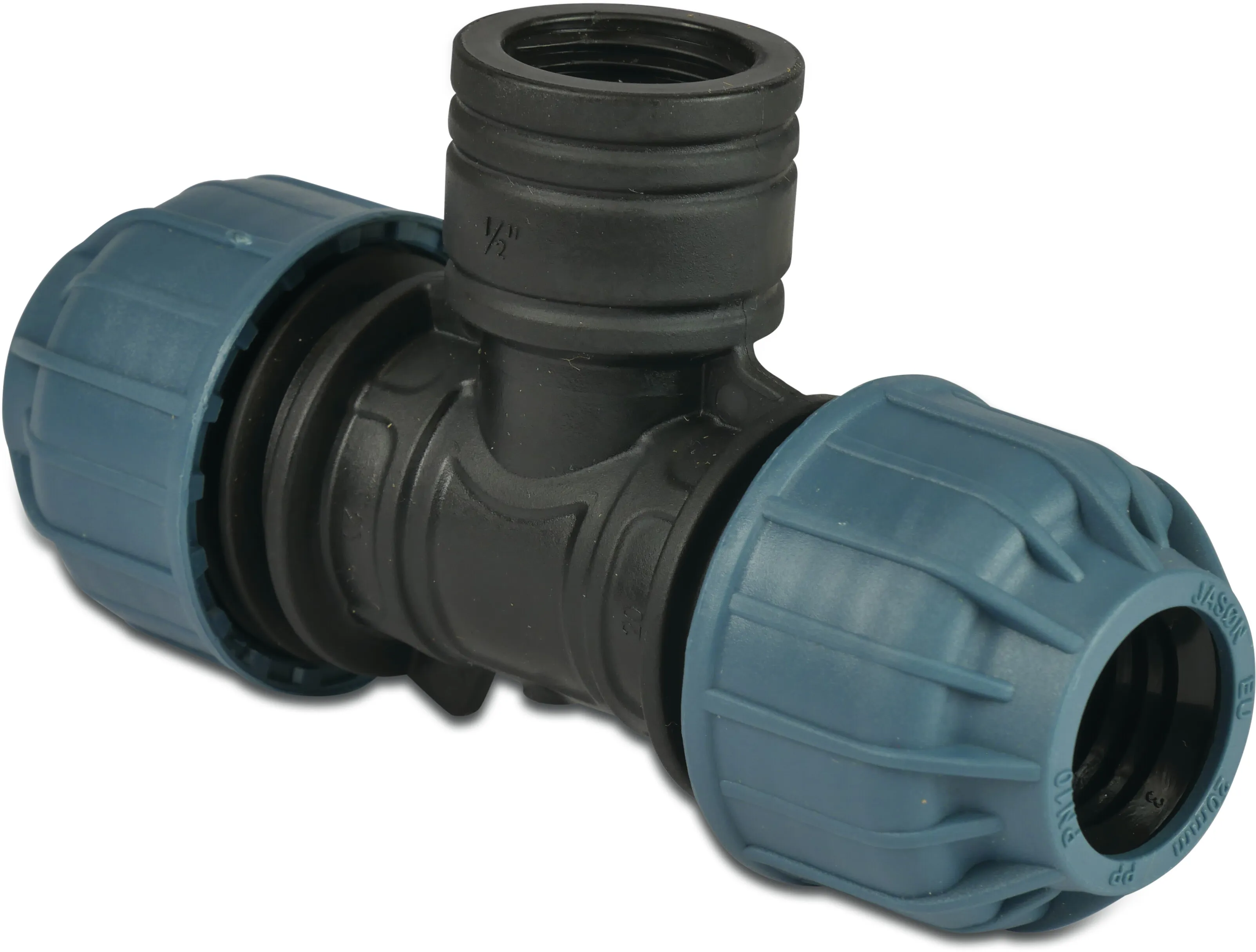Jason T à 90° PP 63 mm x 2" x 63 mm à serrer x filetage femelle x à serrer 10bar noir/bleu