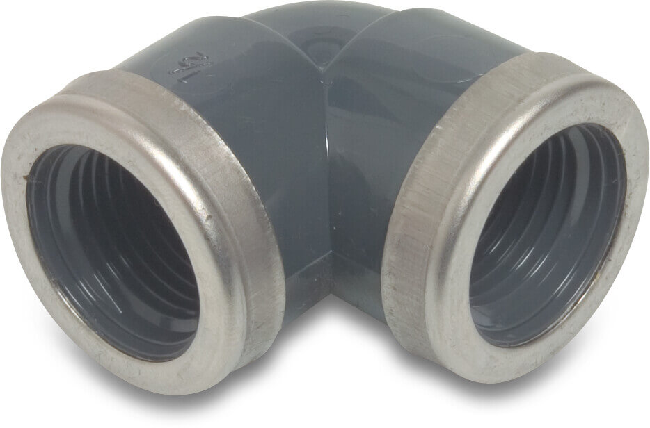 Profec Vinkel 90° PVC-U 1" indvendig gevind 10bar grå med rustfri stål ring type forstærket