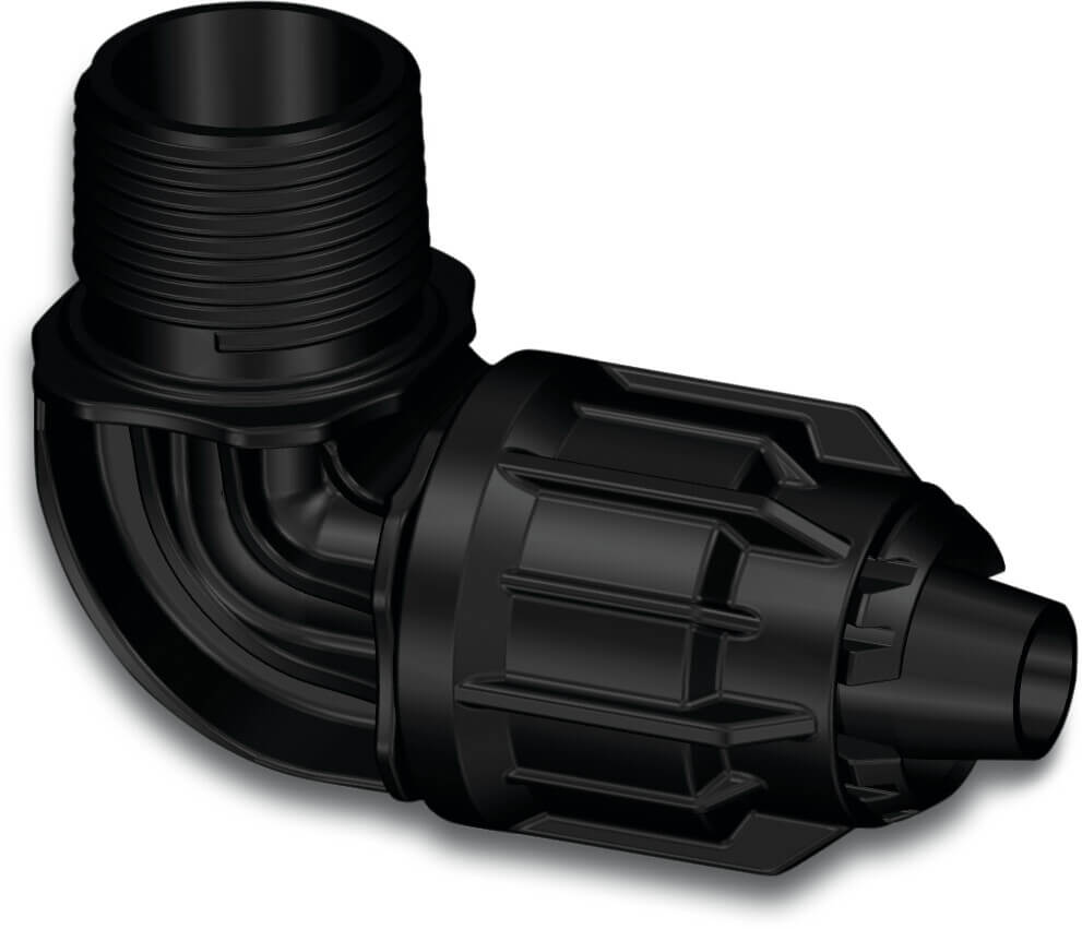 Knie 90° PP 16 mm x 1/2" quick joint x buitendraad 4bar zwart