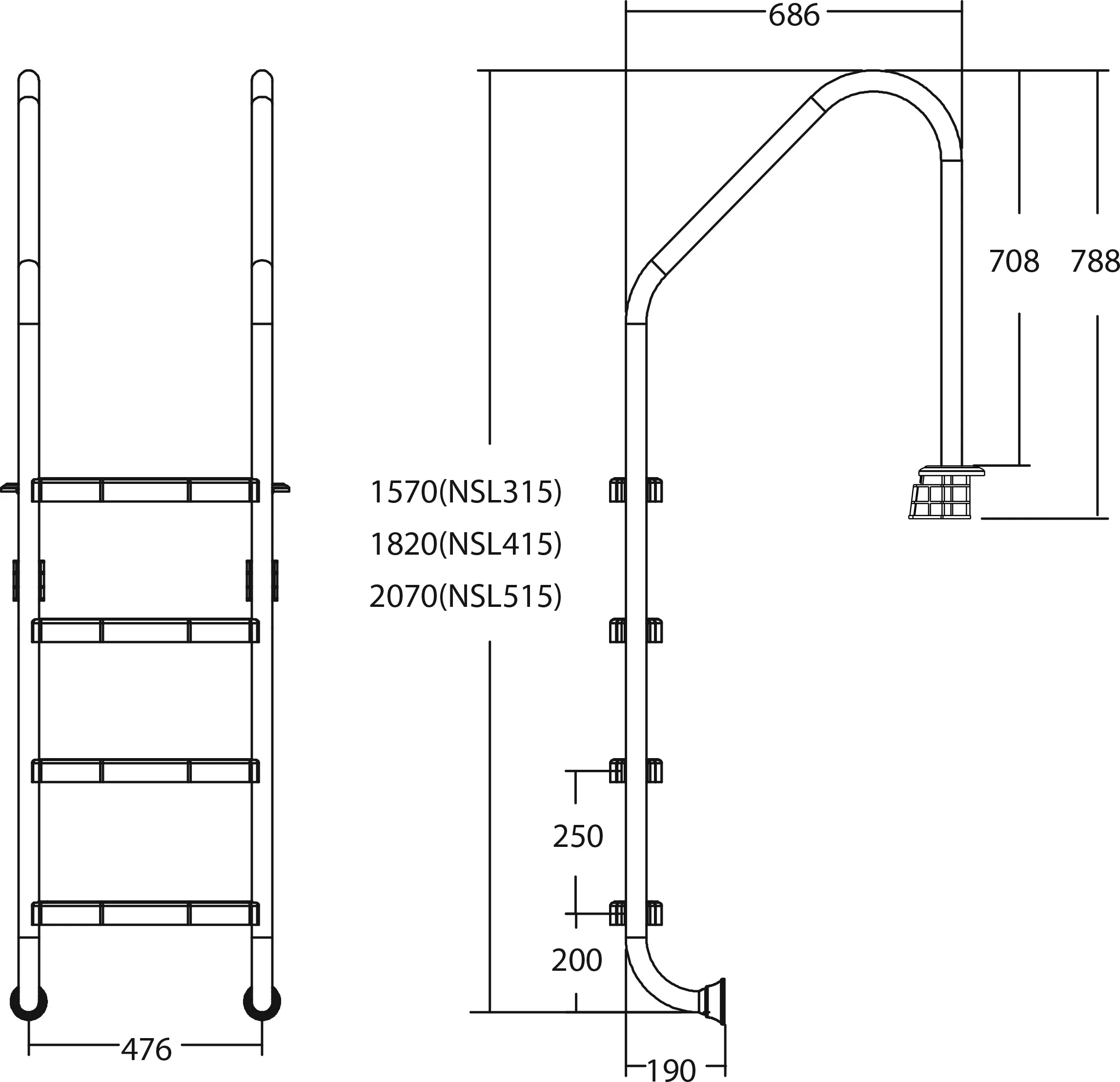 Flotide anchor wide model Pool steps stainless steel 304 4 steps