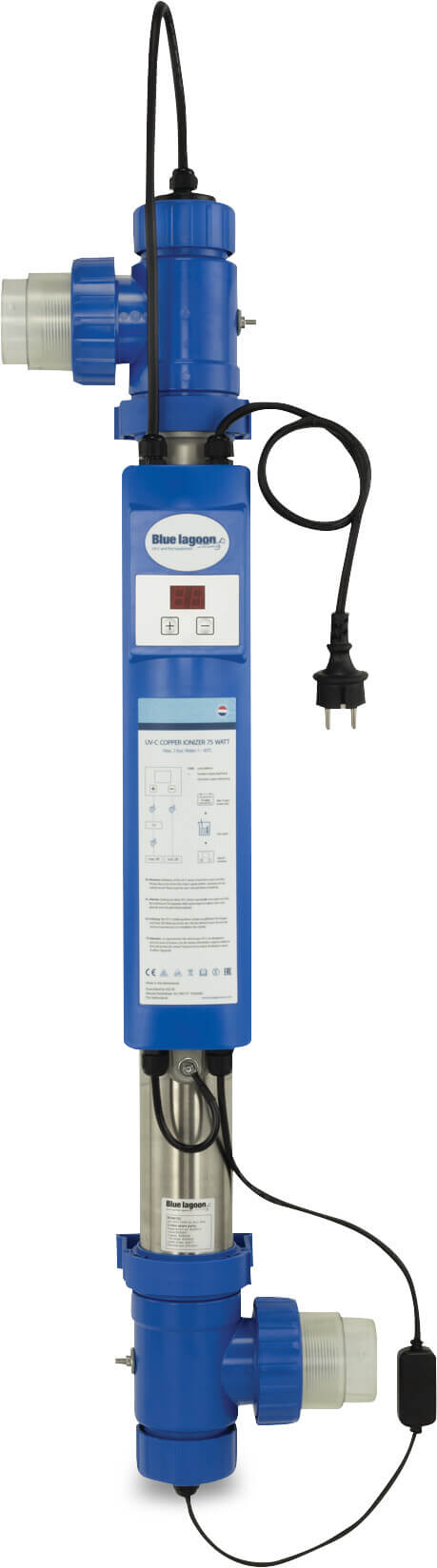 Blue Lagoon UV-C disinfection unit stainless steel 316L 63 mm x 1 1/2" glue socket x female thread 2bar type UV-C Ioniser 75 Watt