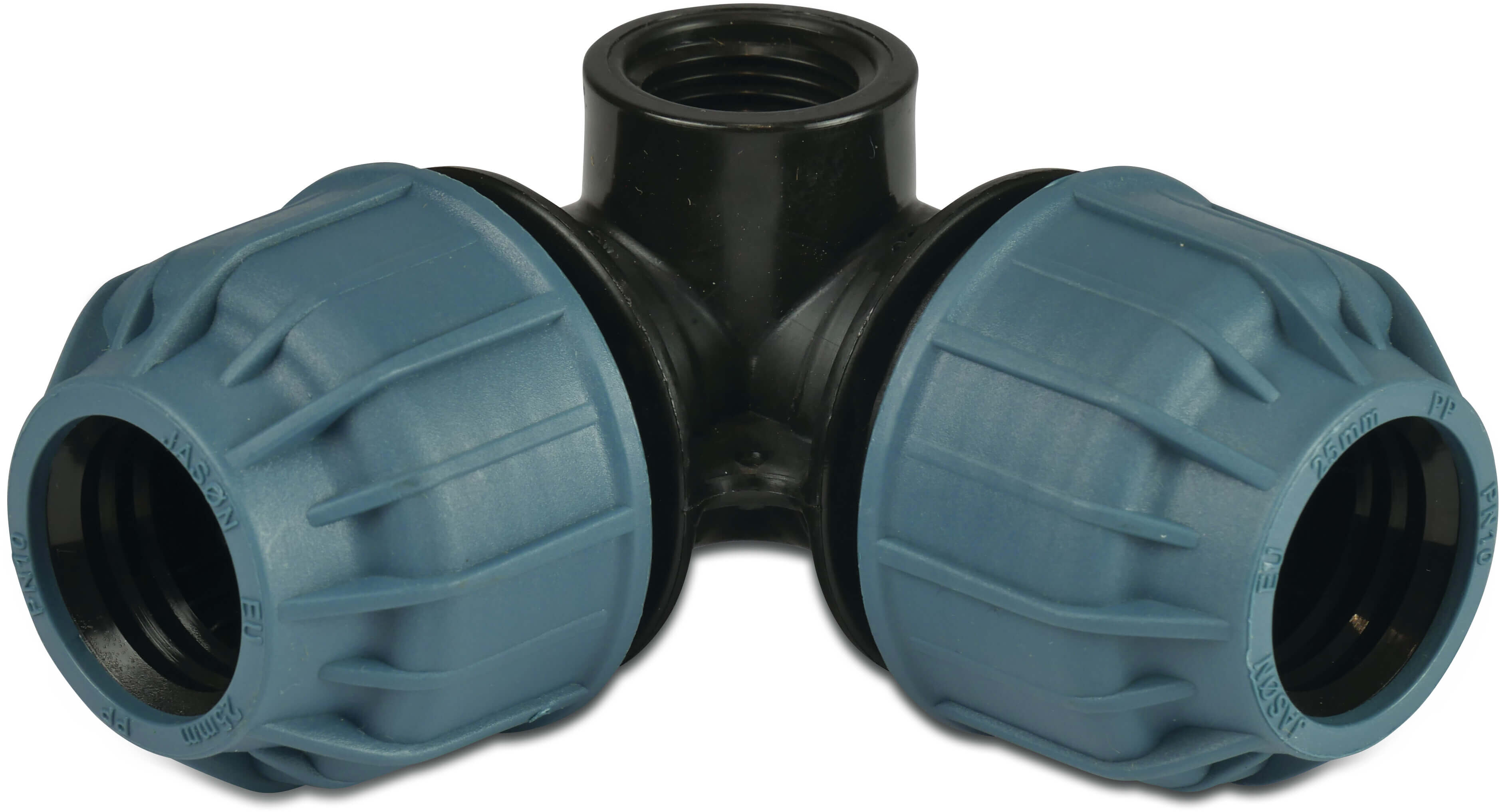 Jason Elbow 90° pop-up with side outlet PP 32 mm x 3/4" x 32 mm compression x female thread x compression 10bar 1/2" black/blue