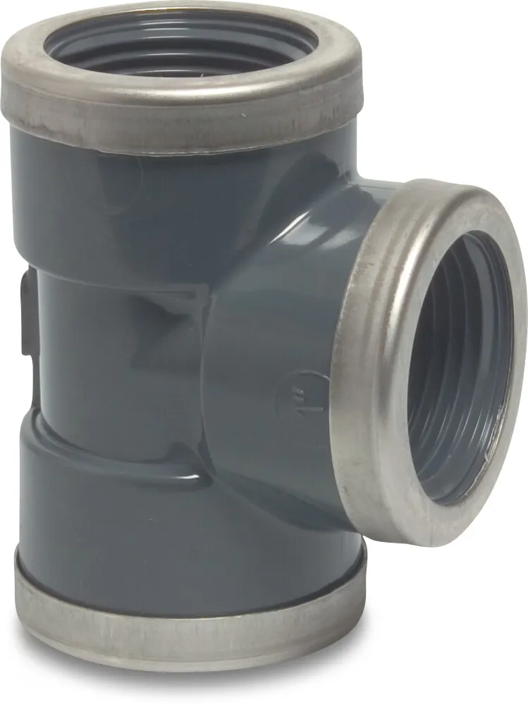 Profec T-piece 90° PVC-U 1 1/4" female thread 16bar grey with stainless steel ring type reinforced