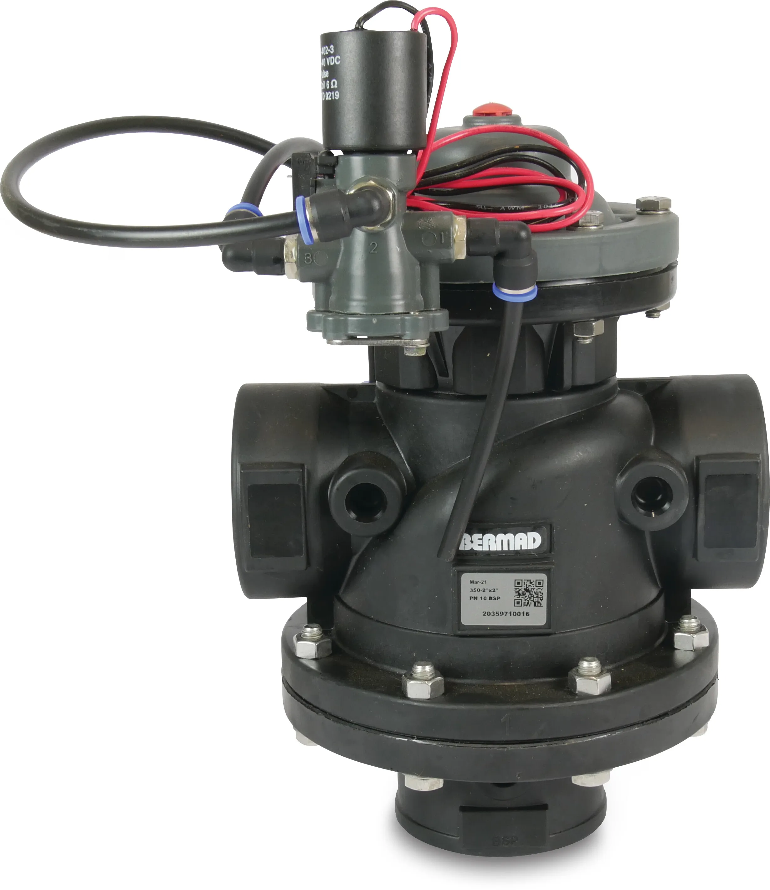 Bermad Back-flush solenoid valve polyamide 6-30GF 3" Victaulic 10bar 9VDC black type 350 angle