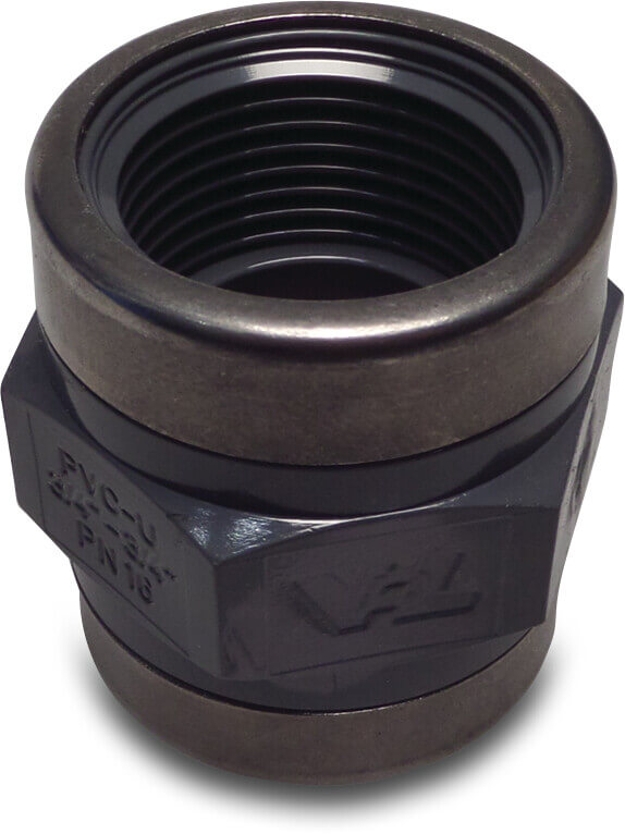 VDL Adaptor socket PVC-U 1 1/4" female thread 16bar grey with stainless steel ring type reinforced