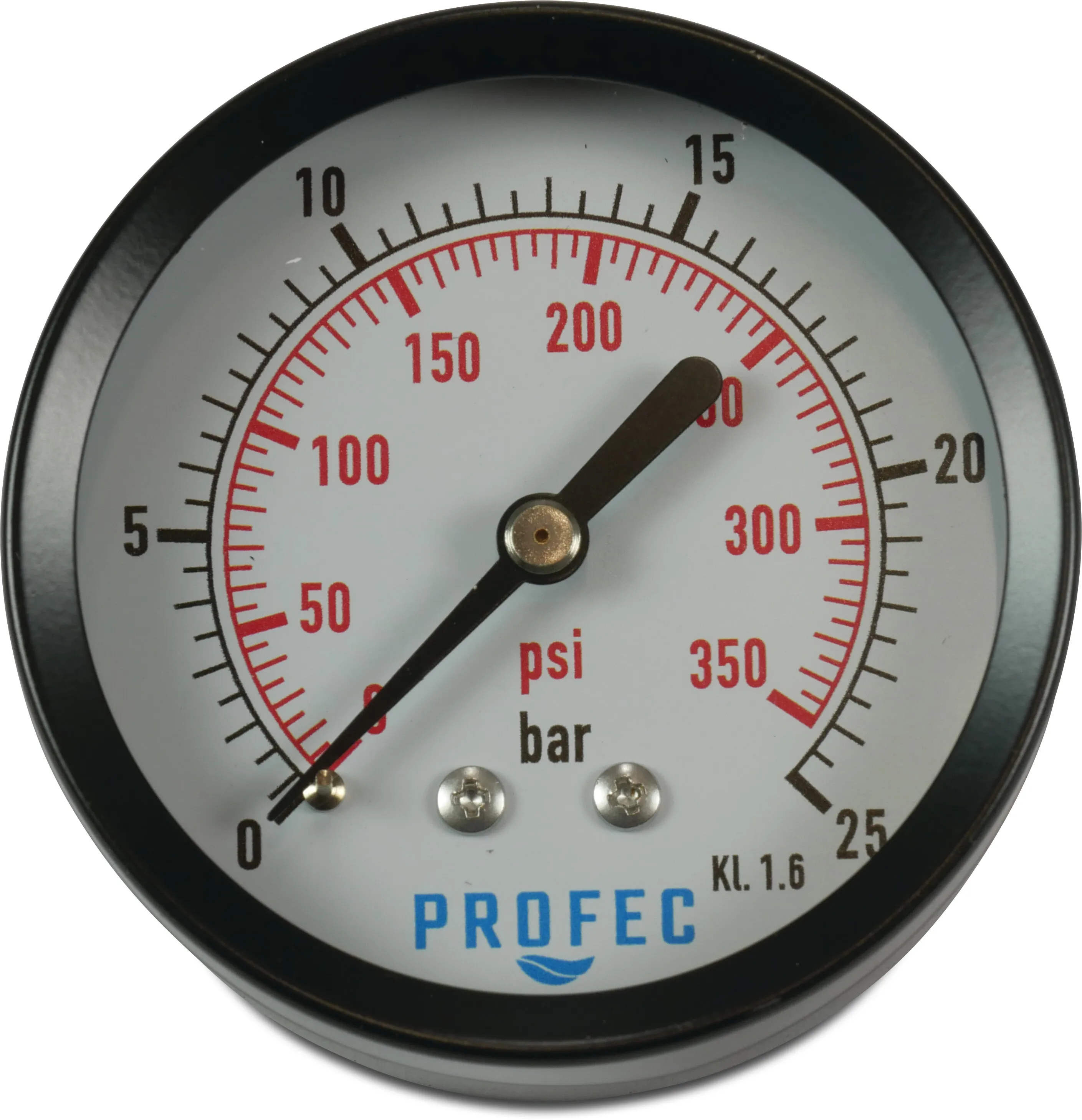 Profec Manometer 63 mm buitendraad 0 - 2,5bar zwart type droog achteraansluiting 1/4"