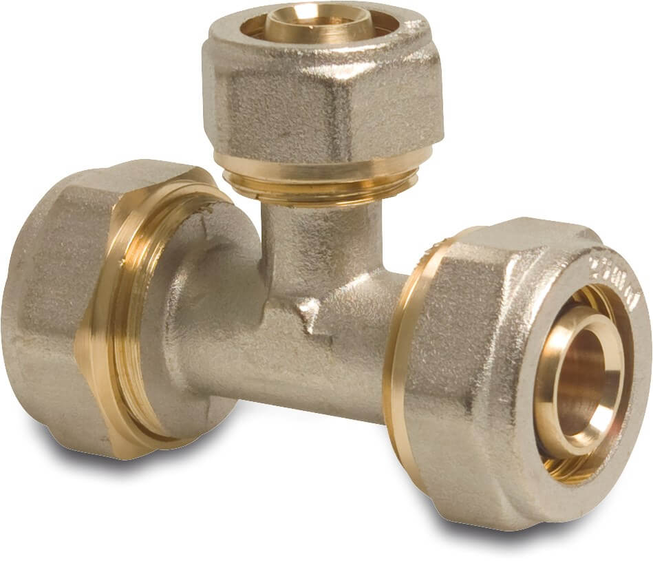 Reducer T-piece 90° brass nickel plated 20 mm x 16 mm x 20 mm compression DVGW type Alu-PE-X