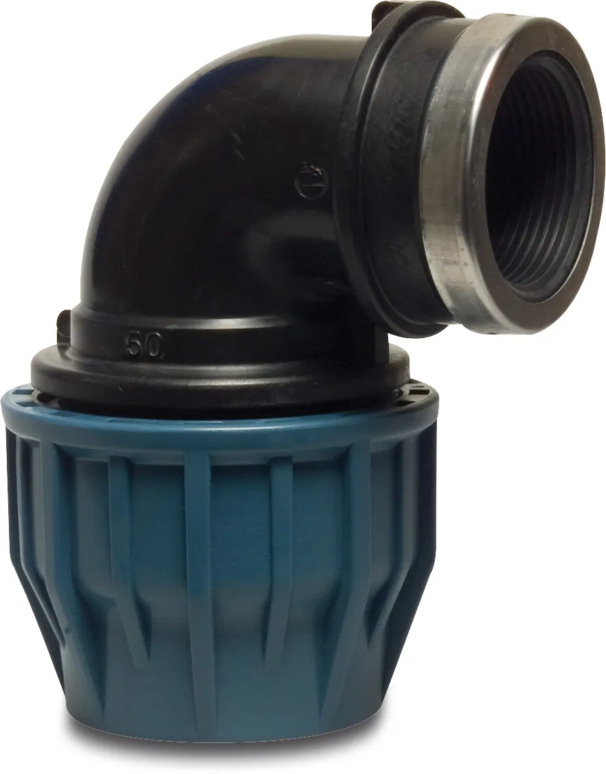 Jason Winkel 90° PP 25 mm x 1" Klemm x Innengewinde 16bar Schwarz/Blau DVGW/KIWA/WRAS/SVGW P1