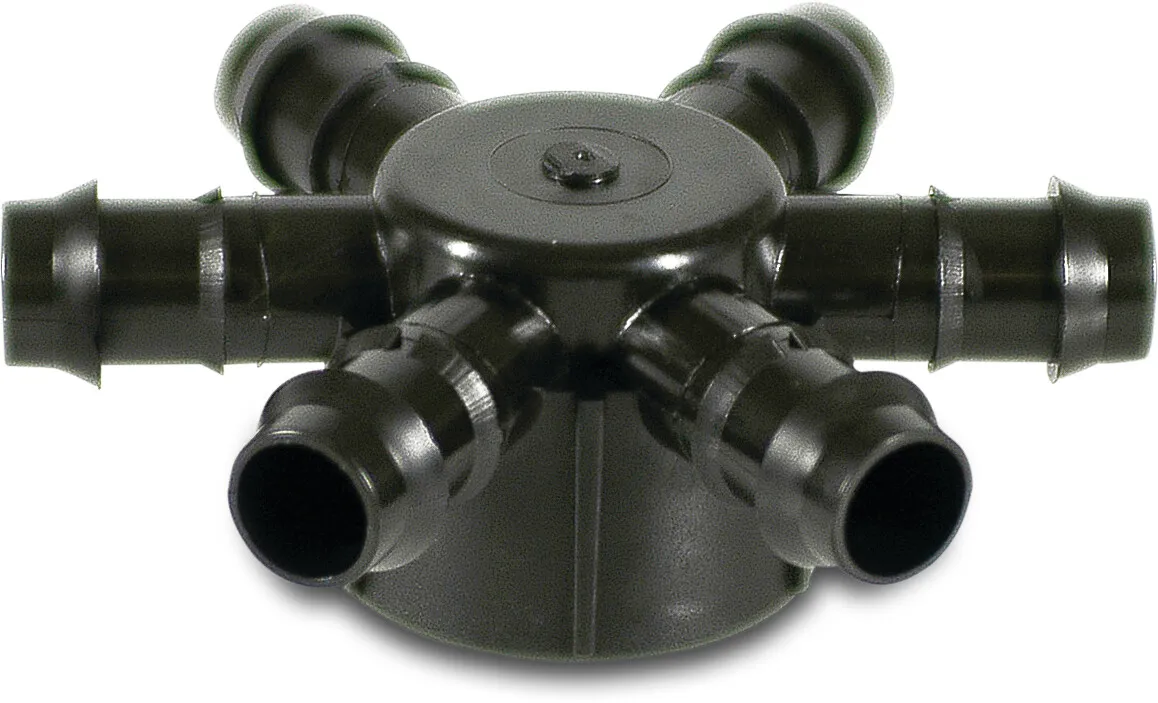 6-weg verdeler POM 16 mm x 1" barbed x binnendraad 4bar zwart