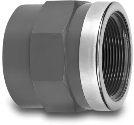 VDL Adaptor socket PVC-U 75 mm x 2 1/2" glue socket x female thread 10bar grey with stainless steel ring type reinforced VDL Adaptor socket PVC-U 75 mm x 2 1/2" glue socket x female thread 10bar grey with stainless steel ring type reinforced